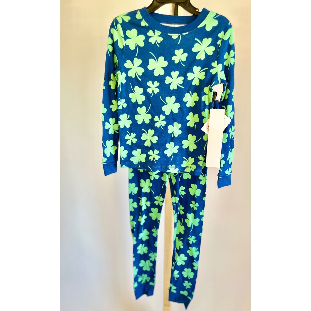 Kids Blue Green Shamrock St Patricks Day Snug Fit Cotton Pajama Set NEW